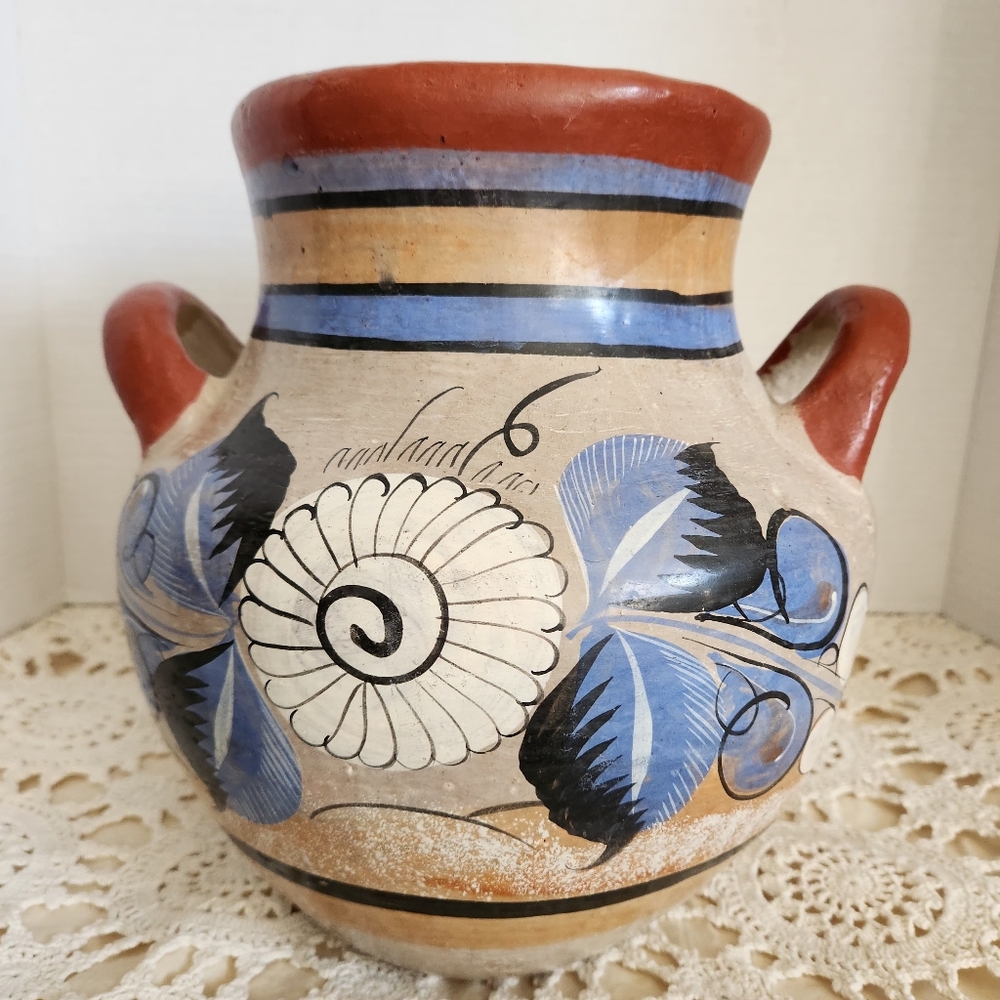 Handcrafted Clay Vase with Blue and Red Accents